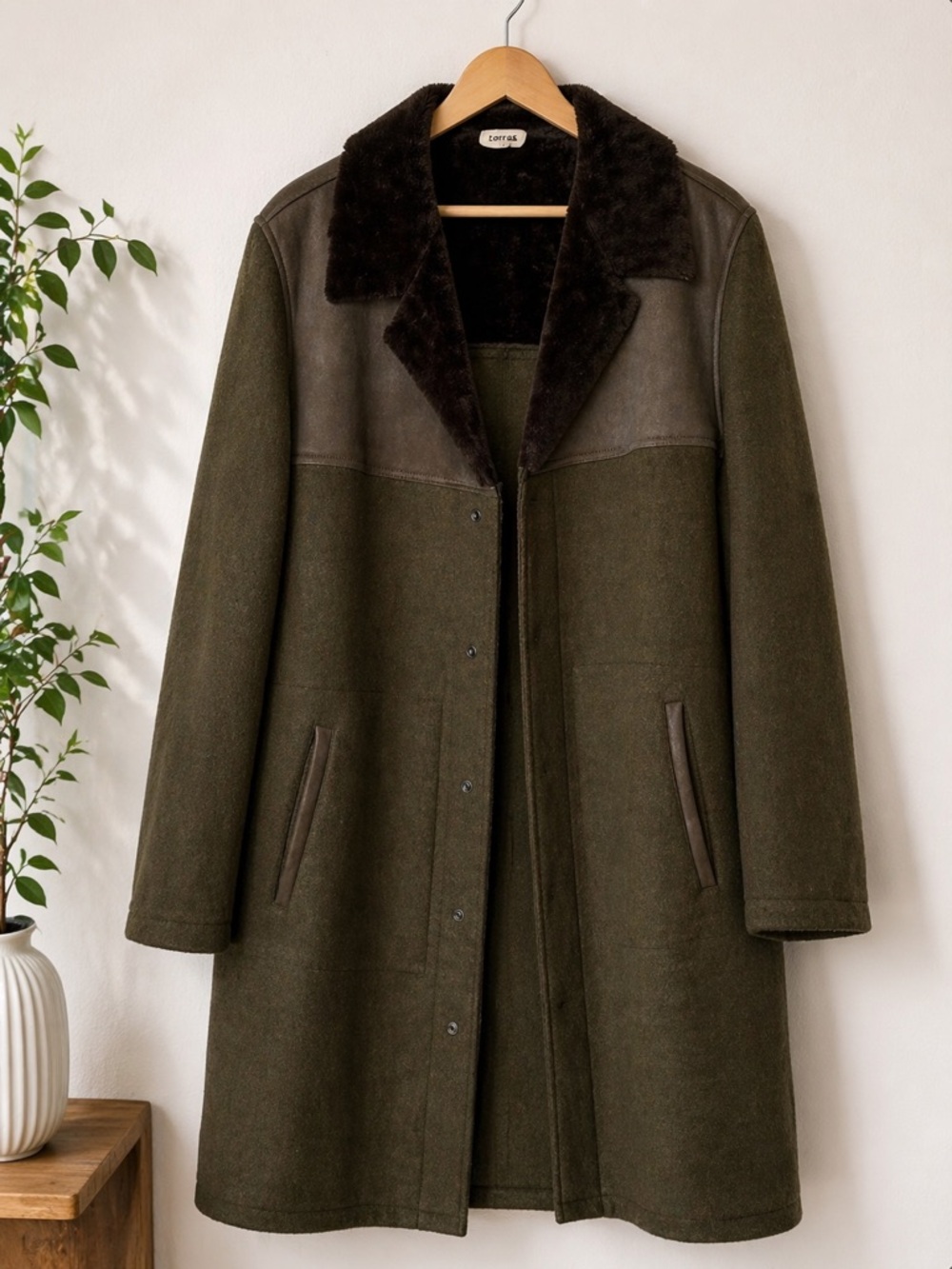 Torras Wool Coat Olive Green Brown Faux Fur Collar Men Size 46 Spain